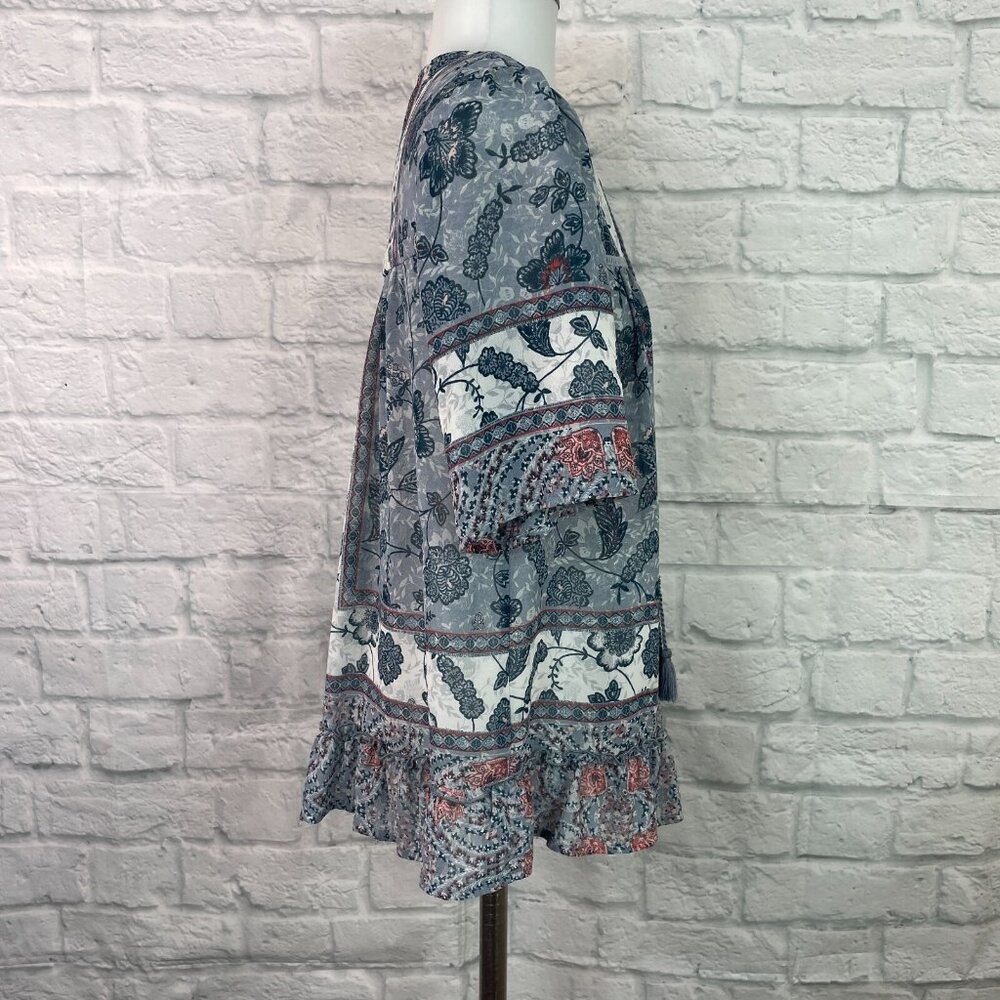 Knox‎ Rose Top XS Boho Floral Blue Short Sleeve Sheer Tie-Neck Blouse Women's - Picture 7 of 12